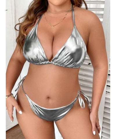 Women's Plus Size Swimsuits 2 Piece Bathing Suits High Waisted Metallic String Triangle Bikini Sets Plain Silver $14.40 Swims...