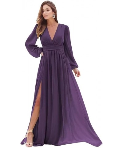 Long Sleeve Bridesmaid Dresses with Slit for Women V Neck A Line Pleated Chiffon Evening Prom Formal Gowns Grape $25.62 Dresses