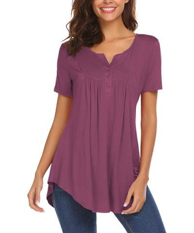 Women's Casual Long Sleeve Henley V-Neck Shirt Loose Fit Pleated Tunic Blouse Tops A-mauve $18.59 Tops