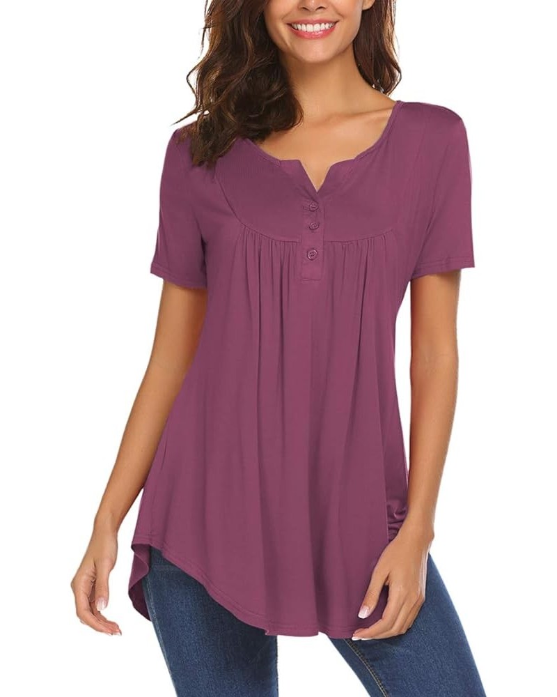 Women's Casual Long Sleeve Henley V-Neck Shirt Loose Fit Pleated Tunic Blouse Tops A-mauve $18.59 Tops