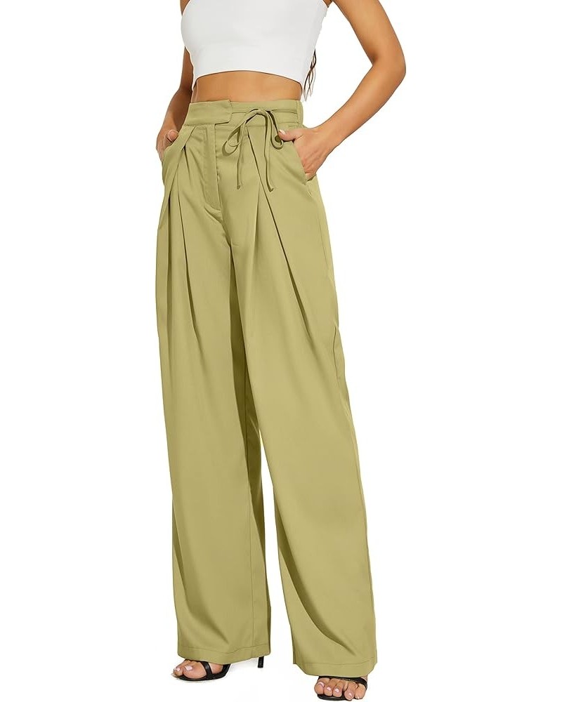 Straight Wide Leg Long Trousers with Tie Belt for Women Pleated Front High Waisted Pants Standard Grass Green-1 (Thin) 005 $1...