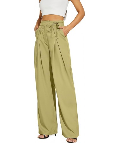 Straight Wide Leg Long Trousers with Tie Belt for Women Pleated Front High Waisted Pants Standard Grass Green-1 (Thin) 005 $1...