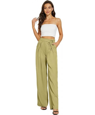 Straight Wide Leg Long Trousers with Tie Belt for Women Pleated Front High Waisted Pants Standard Grass Green-1 (Thin) 005 $1...