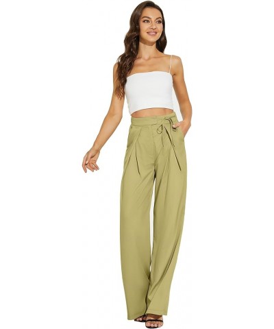 Straight Wide Leg Long Trousers with Tie Belt for Women Pleated Front High Waisted Pants Standard Grass Green-1 (Thin) 005 $1...