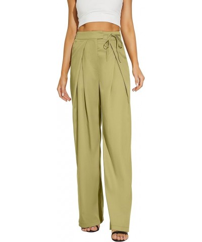 Straight Wide Leg Long Trousers with Tie Belt for Women Pleated Front High Waisted Pants Standard Grass Green-1 (Thin) 005 $1...