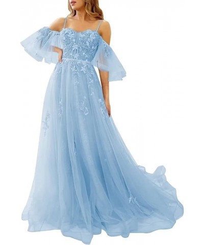 Lace Applique Tulle Prom Dresses Off Shoulder Puffy Sleeve Wedding Dress Long Women Sweetheart A Line Gowns Sky Blue $40.75 D...