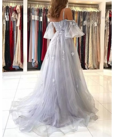 Lace Applique Tulle Prom Dresses Off Shoulder Puffy Sleeve Wedding Dress Long Women Sweetheart A Line Gowns Sky Blue $40.75 D...