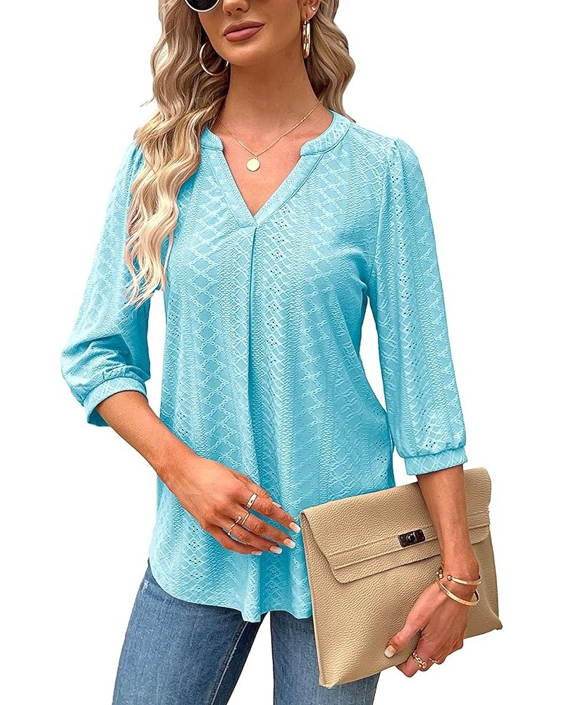 Women's 3/4 Sleeve Tops Eyelet Dressy Casual V Neck Blouses T Shirts Light Blue $17.09 Blouses