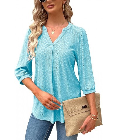 Women's 3/4 Sleeve Tops Eyelet Dressy Casual V Neck Blouses T Shirts Light Blue $17.09 Blouses