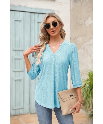 Women's 3/4 Sleeve Tops Eyelet Dressy Casual V Neck Blouses T Shirts Light Blue $17.09 Blouses