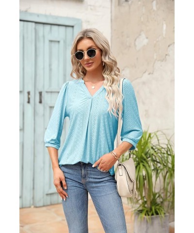 Women's 3/4 Sleeve Tops Eyelet Dressy Casual V Neck Blouses T Shirts Light Blue $17.09 Blouses