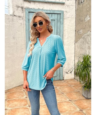 Women's 3/4 Sleeve Tops Eyelet Dressy Casual V Neck Blouses T Shirts Light Blue $17.09 Blouses