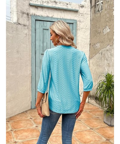 Women's 3/4 Sleeve Tops Eyelet Dressy Casual V Neck Blouses T Shirts Light Blue $17.09 Blouses