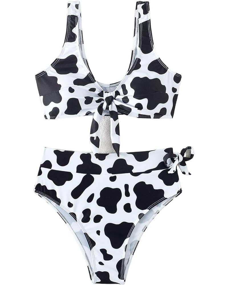 Women's Cow Print High Waisted 2 Piece Bikini Set V Neck Knot Front Swimsuits Black and White $15.19 Swimsuits