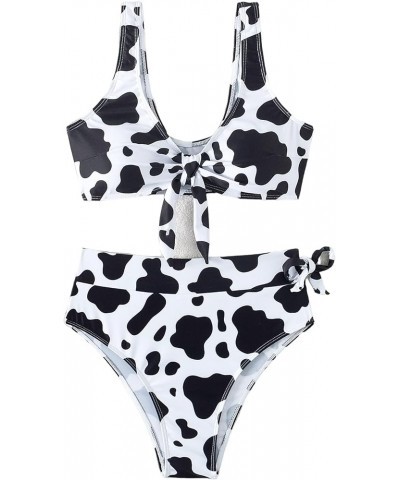Women's Cow Print High Waisted 2 Piece Bikini Set V Neck Knot Front Swimsuits Black and White $15.19 Swimsuits