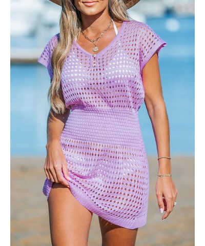 Women's Swimwear Cover Up Crochet Mini Dress V Neck Beachwear Short Sleeve Summer 2024 Purple $20.13 Swimsuits