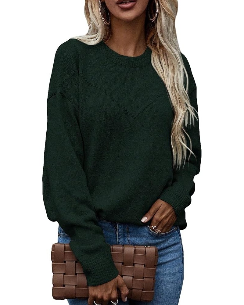 Women's Casual Long Sleeve Crewneck Drop Shoulder Pullover Top Sweater Pure Dark Green $19.50 Sweaters