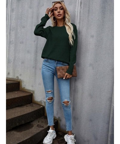 Women's Casual Long Sleeve Crewneck Drop Shoulder Pullover Top Sweater Pure Dark Green $19.50 Sweaters