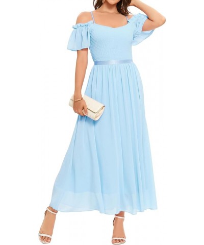 Womens Long Chiffon Formal Wedding Bridesmaid Dress Off Shoulder Smocked Maxi Evening Prom Gowns Blue $19.94 Dresses