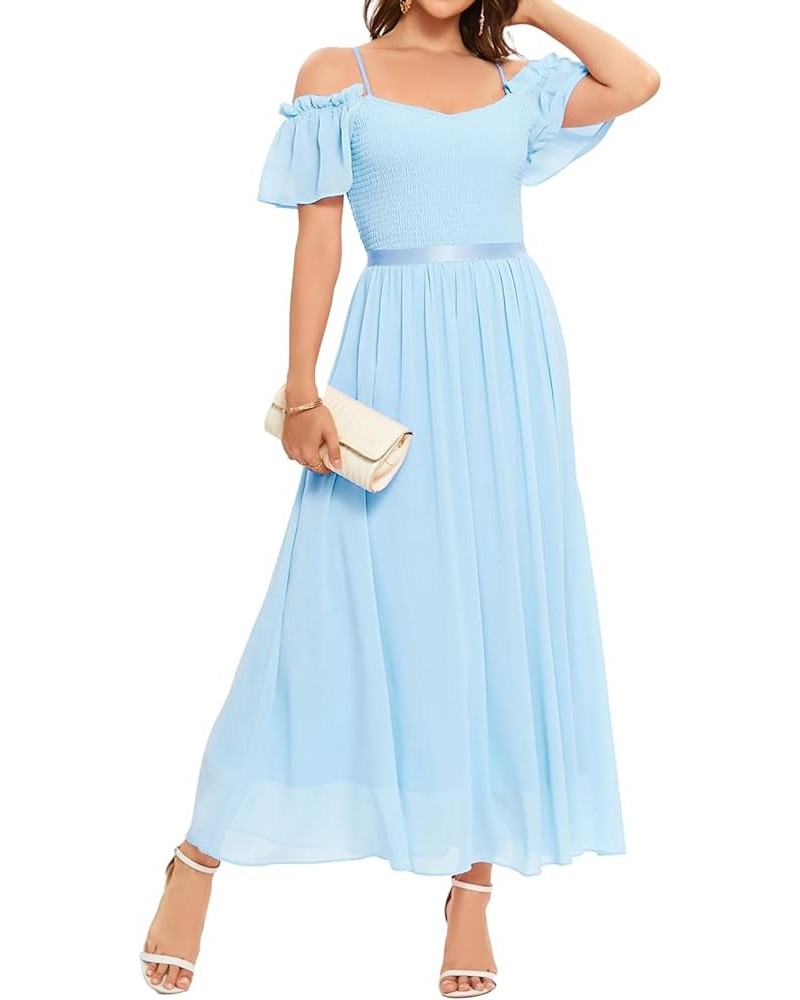 Womens Long Chiffon Formal Wedding Bridesmaid Dress Off Shoulder Smocked Maxi Evening Prom Gowns Blue $19.94 Dresses