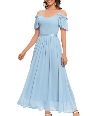 Womens Long Chiffon Formal Wedding Bridesmaid Dress Off Shoulder Smocked Maxi Evening Prom Gowns Blue $19.94 Dresses