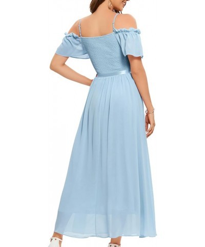 Womens Long Chiffon Formal Wedding Bridesmaid Dress Off Shoulder Smocked Maxi Evening Prom Gowns Blue $19.94 Dresses