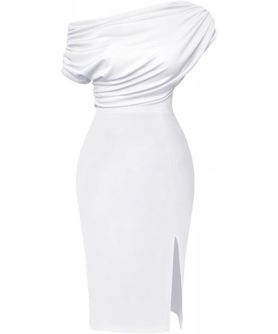 Women's Elegant Off Shoulder Split Hem Bodycon Ruched Midi Club Party Dress White $19.97 Dresses