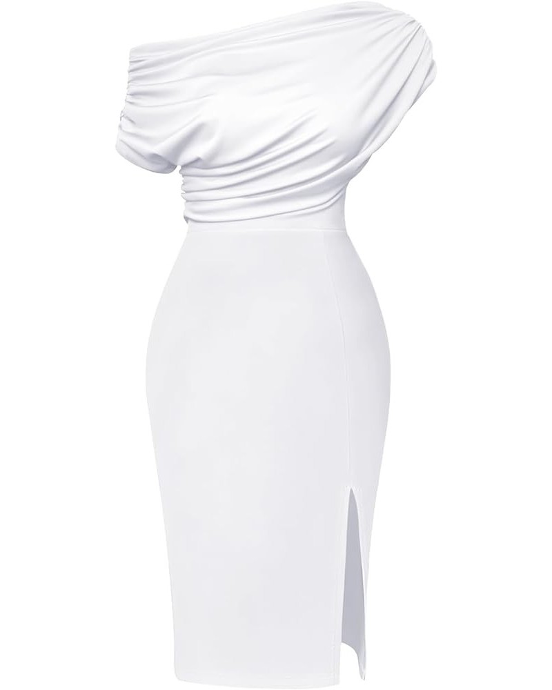 Women's Elegant Off Shoulder Split Hem Bodycon Ruched Midi Club Party Dress White $19.97 Dresses