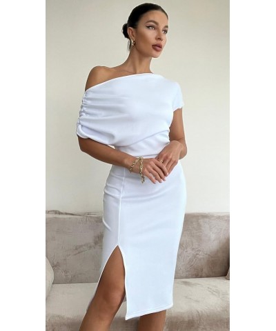 Women's Elegant Off Shoulder Split Hem Bodycon Ruched Midi Club Party Dress White $19.97 Dresses