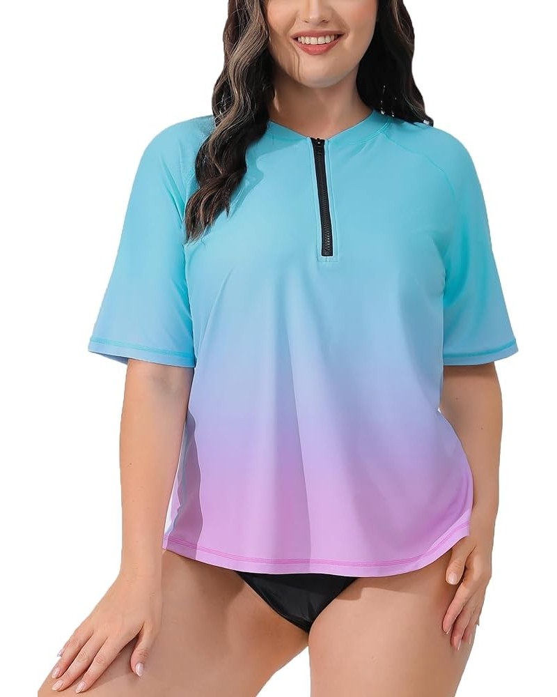 Women Plus Size Rash Guard Swimwear UPF 50+ Loose Fit Bathing Shirt Ombre Turquoise Pink $14.70 Swimsuits