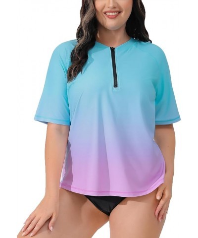 Women Plus Size Rash Guard Swimwear UPF 50+ Loose Fit Bathing Shirt Ombre Turquoise Pink $14.70 Swimsuits