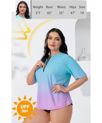 Women Plus Size Rash Guard Swimwear UPF 50+ Loose Fit Bathing Shirt Ombre Turquoise Pink $14.70 Swimsuits