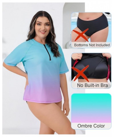 Women Plus Size Rash Guard Swimwear UPF 50+ Loose Fit Bathing Shirt Ombre Turquoise Pink $14.70 Swimsuits