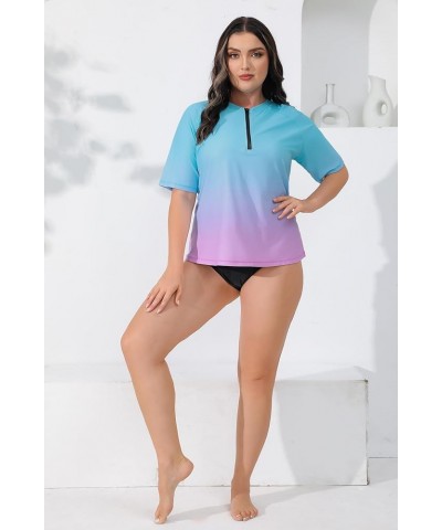 Women Plus Size Rash Guard Swimwear UPF 50+ Loose Fit Bathing Shirt Ombre Turquoise Pink $14.70 Swimsuits