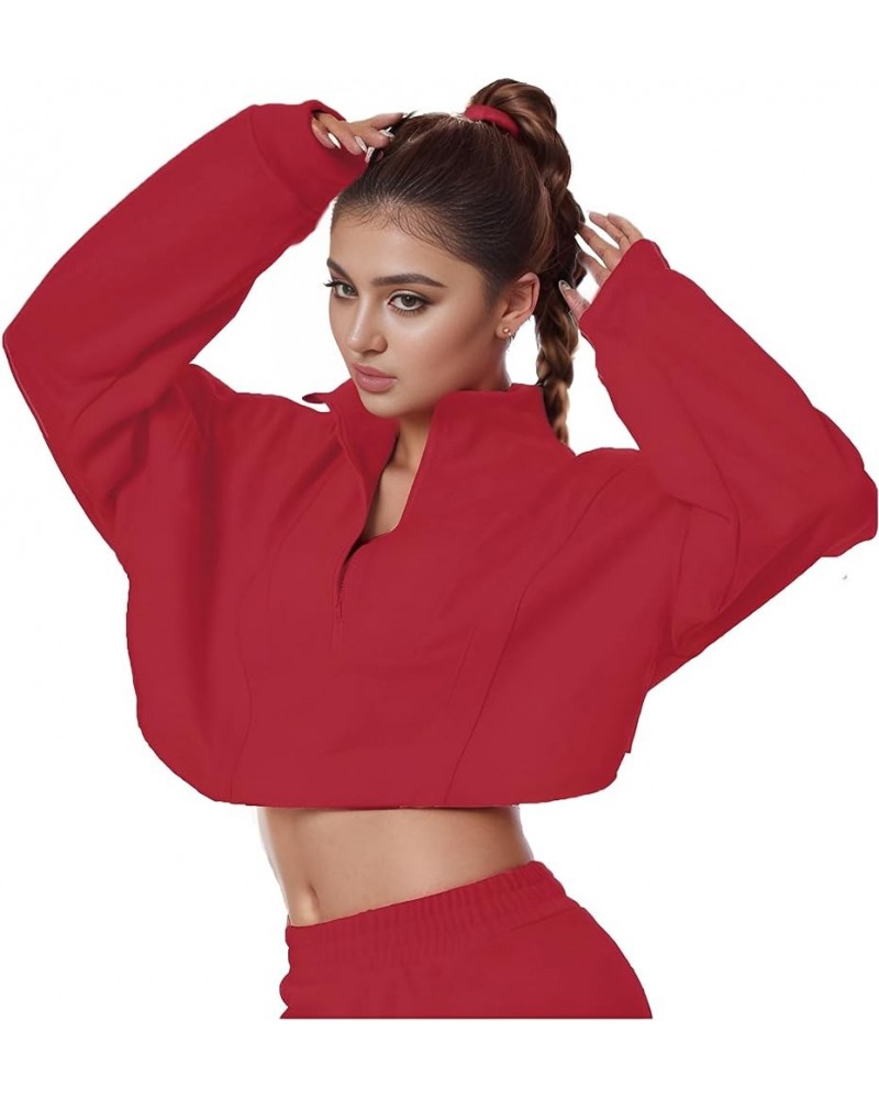 Womens Cropped Sweatshirt Long Sleeve Half Zip Loose Workout Crop Athletic Jacket Wine Red $13.74 Jackets