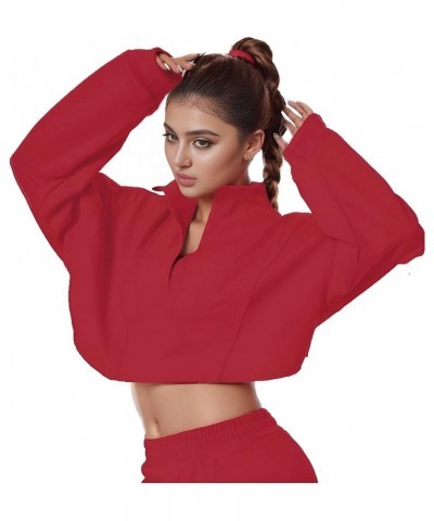 Womens Cropped Sweatshirt Long Sleeve Half Zip Loose Workout Crop Athletic Jacket Wine Red $13.74 Jackets