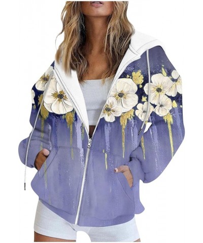 Womens Long Sleeve Hoodie Drawstring Floral Leopard Print Pullovers Zipper Track Jacket Hoodie Pocket Sweatshirts Purple Flor...