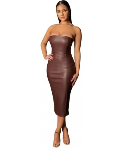 Women Sexy Strapless Tube Top Club Midi Dress Off Shoulder Bodycon Party Faux Leather Dress Brown2 $21.27 Dresses