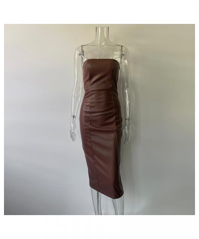 Women Sexy Strapless Tube Top Club Midi Dress Off Shoulder Bodycon Party Faux Leather Dress Brown2 $21.27 Dresses