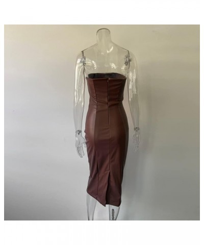 Women Sexy Strapless Tube Top Club Midi Dress Off Shoulder Bodycon Party Faux Leather Dress Brown2 $21.27 Dresses