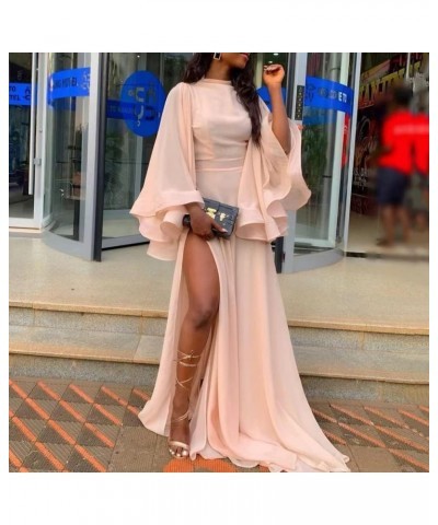 Women Elegant Sexy Mesh Floor-Length Split Plain Flare Sleeve Chiffon Long Sleeve Evening Party Maxi Dress Pink $17.81 Dresses