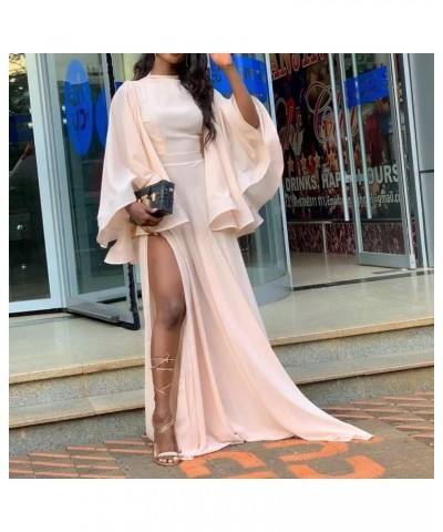 Women Elegant Sexy Mesh Floor-Length Split Plain Flare Sleeve Chiffon Long Sleeve Evening Party Maxi Dress Pink $17.81 Dresses