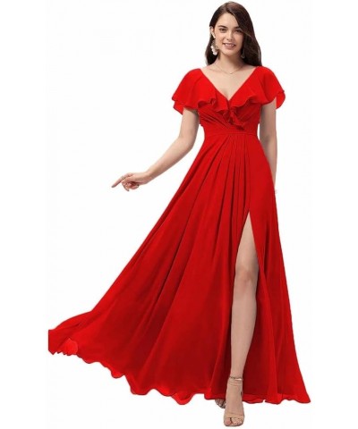 Women's Ruffle Sleeves Bridesmaid Dresses Long Chiffon V-Neck Formal Evening Party Gowns Red $28.60 Dresses