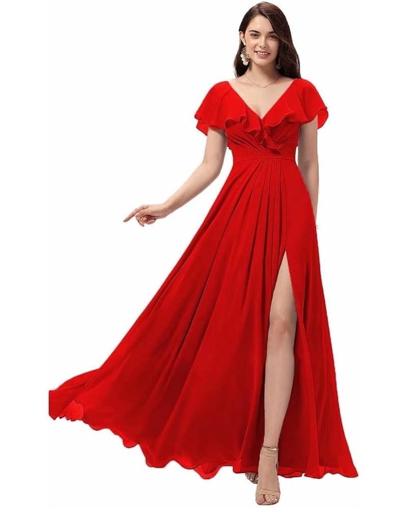 Women's Ruffle Sleeves Bridesmaid Dresses Long Chiffon V-Neck Formal Evening Party Gowns Red $28.60 Dresses