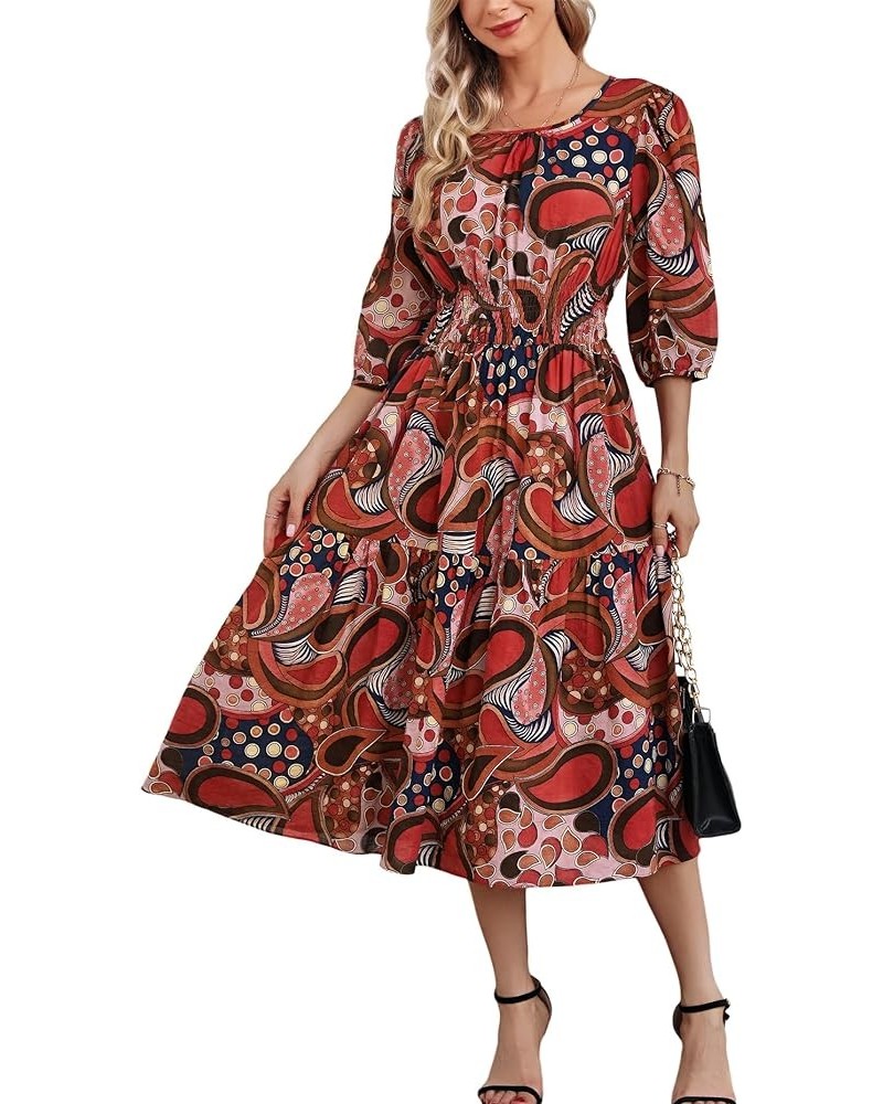 Women Casual Boho Floral Round Neck 3/4 Sleeve Smocked Waist Tiered A Line Flowy Swing Midi Dress Long Dresses Brown/Red Flor...