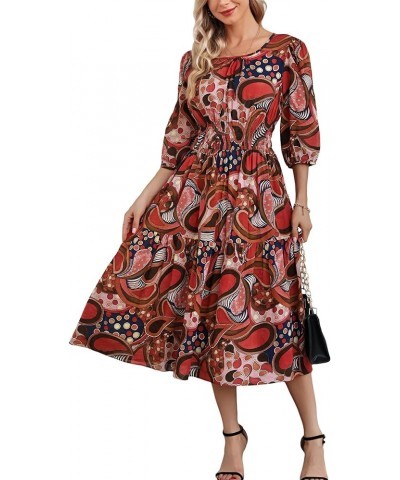 Women Casual Boho Floral Round Neck 3/4 Sleeve Smocked Waist Tiered A Line Flowy Swing Midi Dress Long Dresses Brown/Red Flor...