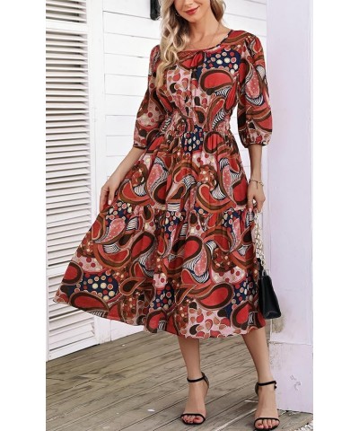 Women Casual Boho Floral Round Neck 3/4 Sleeve Smocked Waist Tiered A Line Flowy Swing Midi Dress Long Dresses Brown/Red Flor...