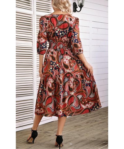 Women Casual Boho Floral Round Neck 3/4 Sleeve Smocked Waist Tiered A Line Flowy Swing Midi Dress Long Dresses Brown/Red Flor...