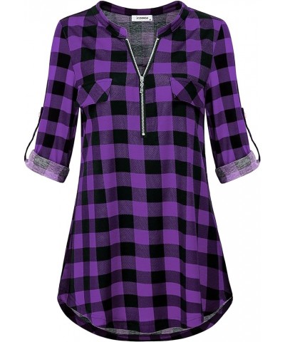 Women's Zip Up V Neck 3/4 Rolled Sleeve Casual Tunic Shirt 01 Plaid Purple $14.26 Tops