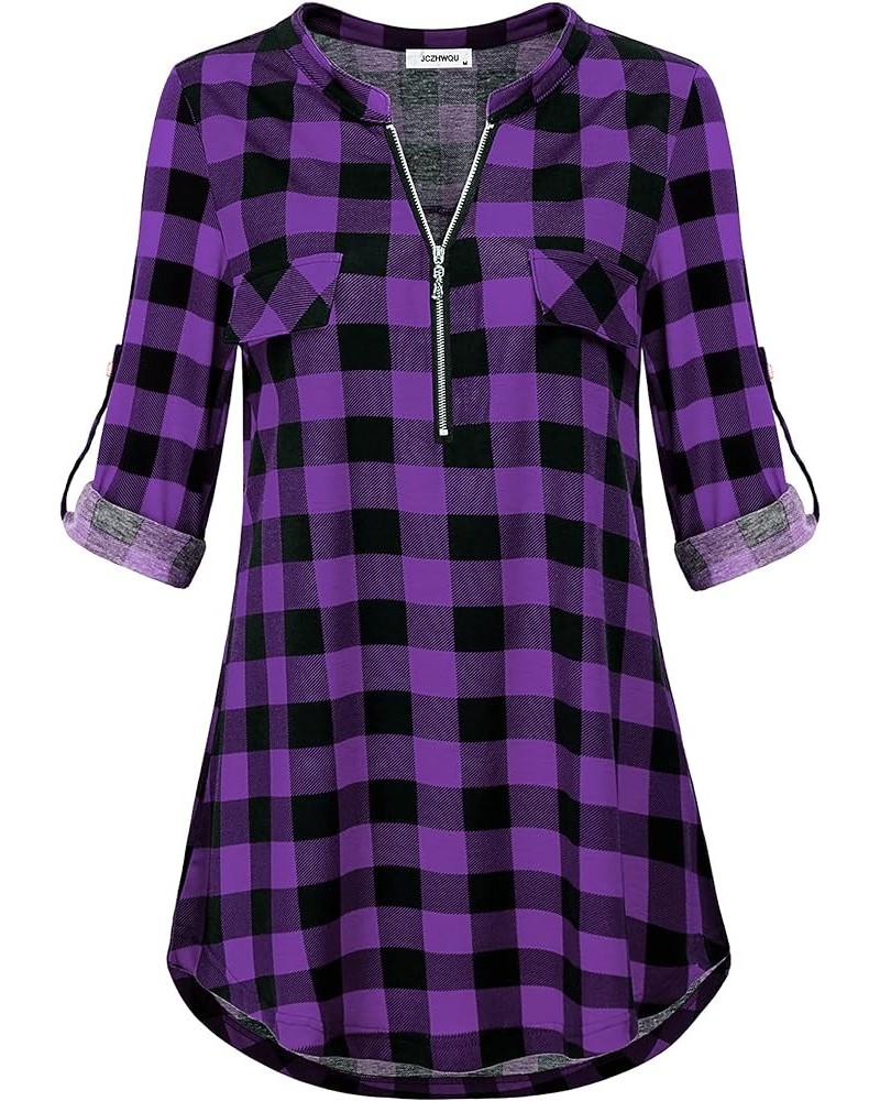 Women's Zip Up V Neck 3/4 Rolled Sleeve Casual Tunic Shirt 01 Plaid Purple $14.26 Tops